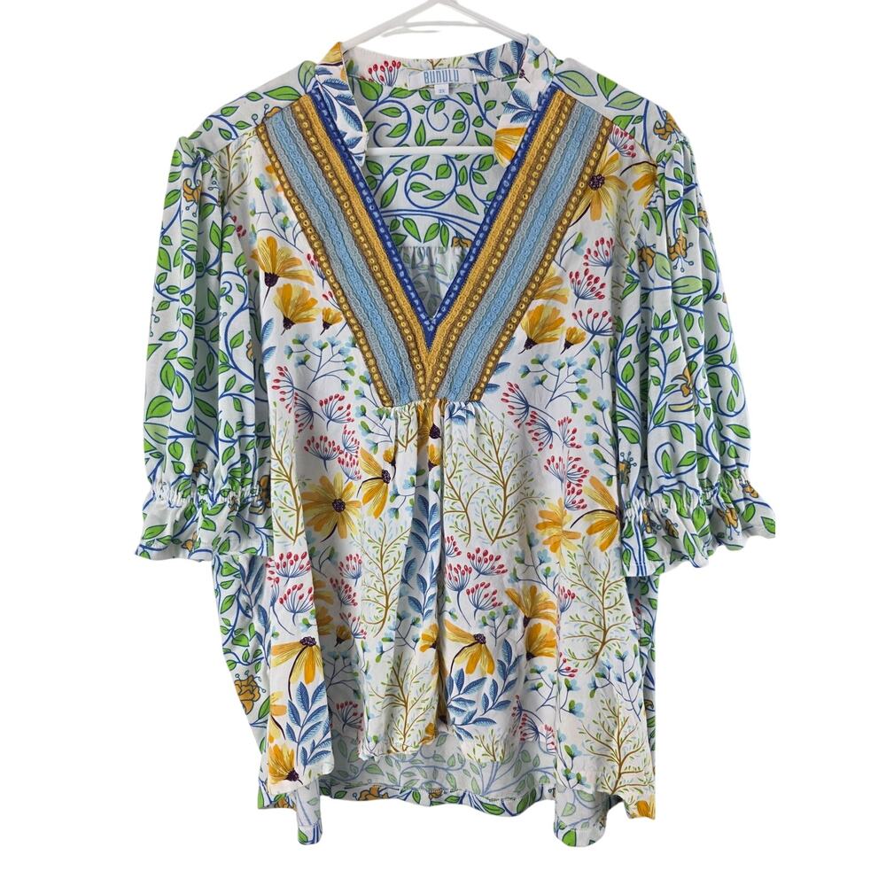 Bunulu Art To Wear Top 3x Womens Plus Size‎ Geometric Print Multicolor V Neck